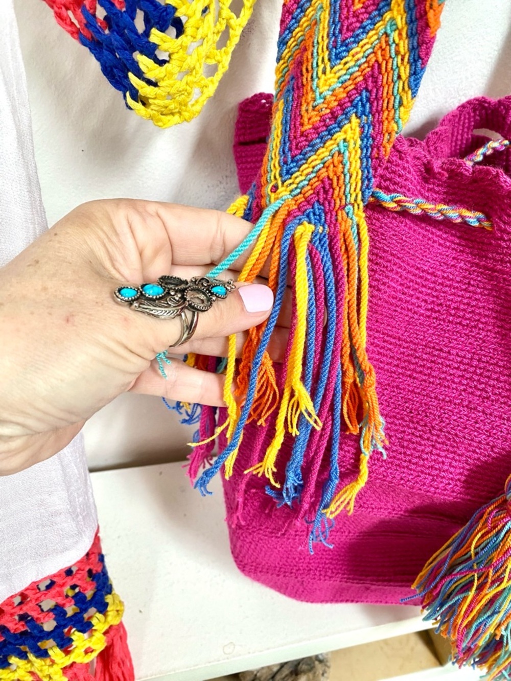 Artisan Fringe tassel hippy bucket bag with Gypsy resort vacay beach vibe - Picture 5 of 14